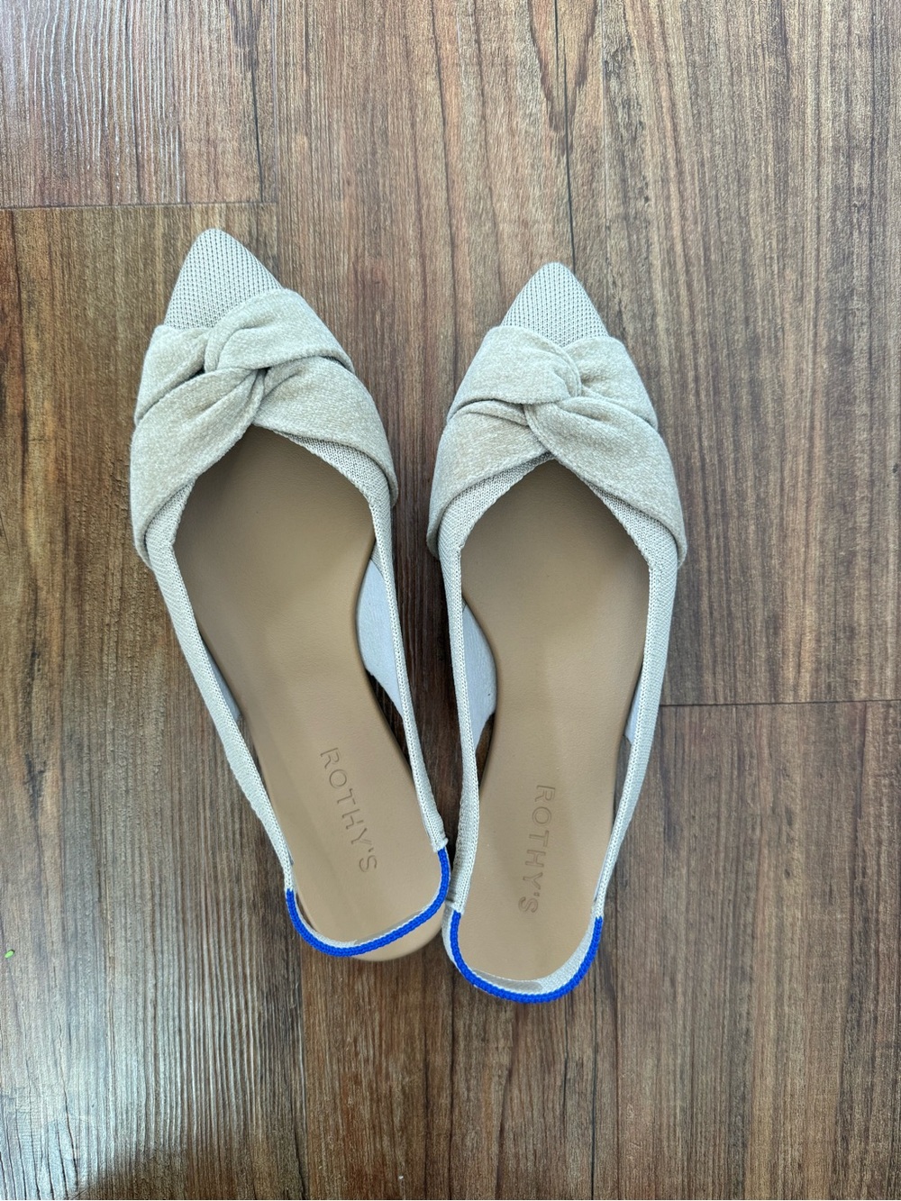 Rothy's Beige Knotted Pointed Slingback Flats with Blue Trim